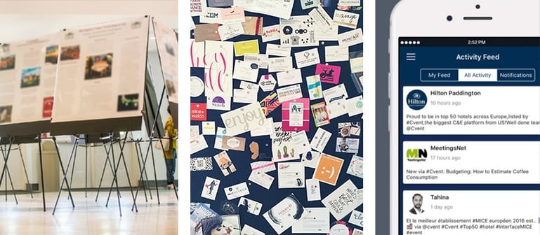 montage of 3 pictures showing a poster session, a wall of fame and an event app
