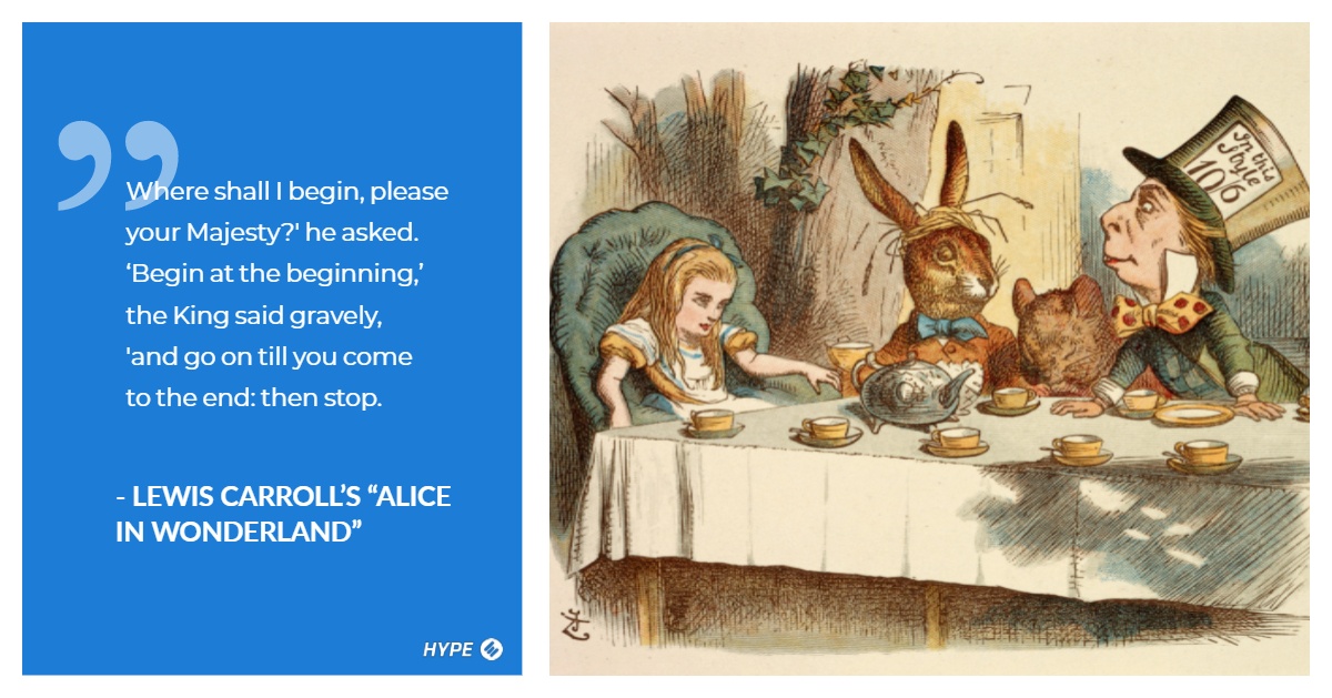 Lewis Carroll's Alice in Wonderland, three characters sitting for tea
