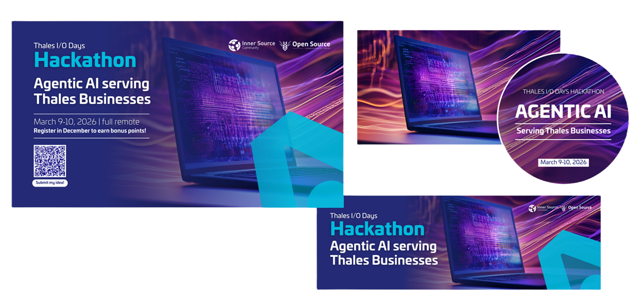 Visual identity and promotional materials for the Thales I/O Days Agentic AI Hackathon.
