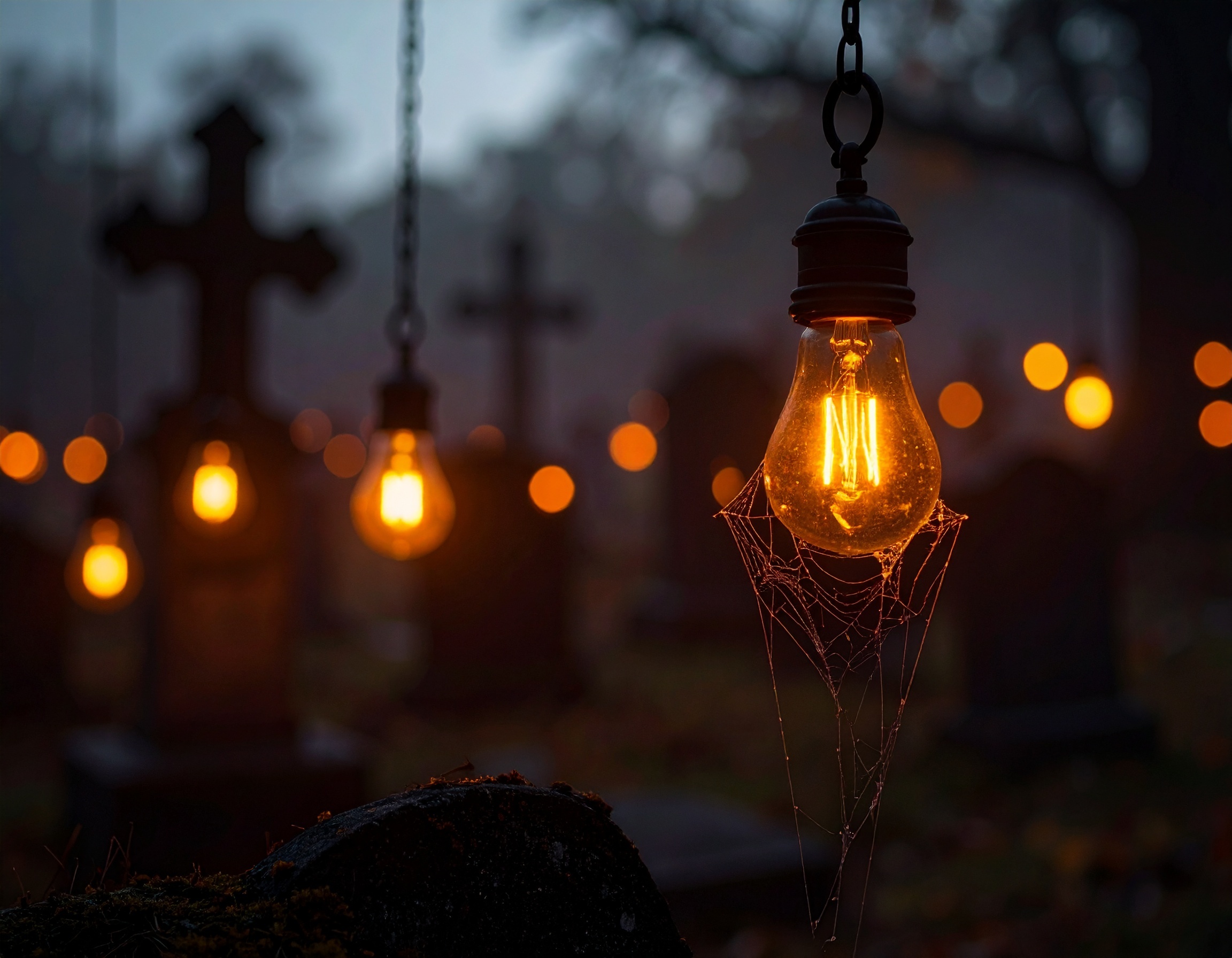 Flickering orange and yellow light bulbs hanging above cobweb-covered gravestones, symbolizing innovation ideas staying alive beyond the graveyard.